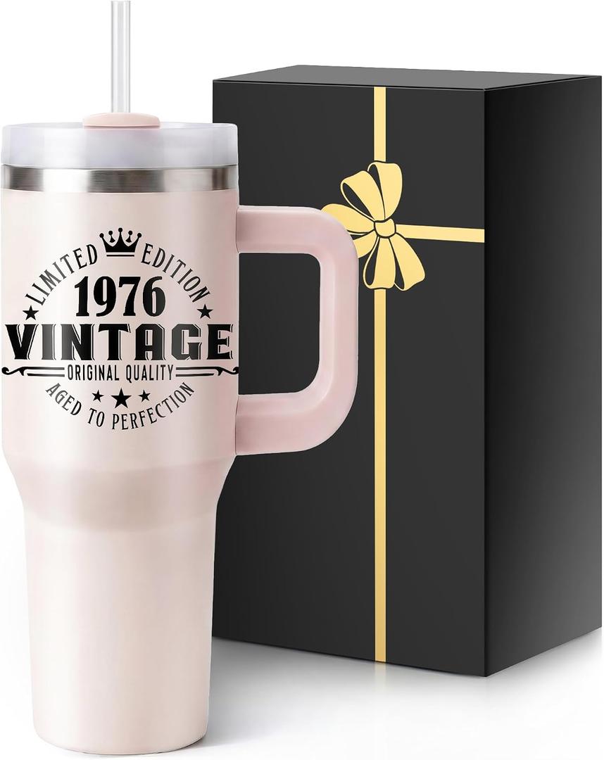 Insulated Water Bottle with Straw Handle Pink Spill Leak Proof Tumbler Cup Cute Smoothie Coffee Mug Women 50th Birthday for Her 50 Years Old 1976 Funny Gift Cool Decorations Best Unique Birthday Party