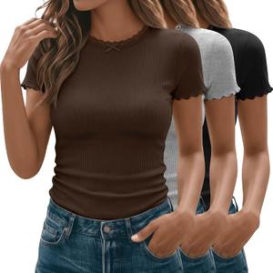 3 Pack Women's Lace Tops Ribbed T-Shirts | Short Sleeve, Lettuce Trim, Cute, Crewneck, Summer, Fitted, Bow Knot, Casual, Soft, Cute, Y2k, Tees, Casual Wear, Office (M)