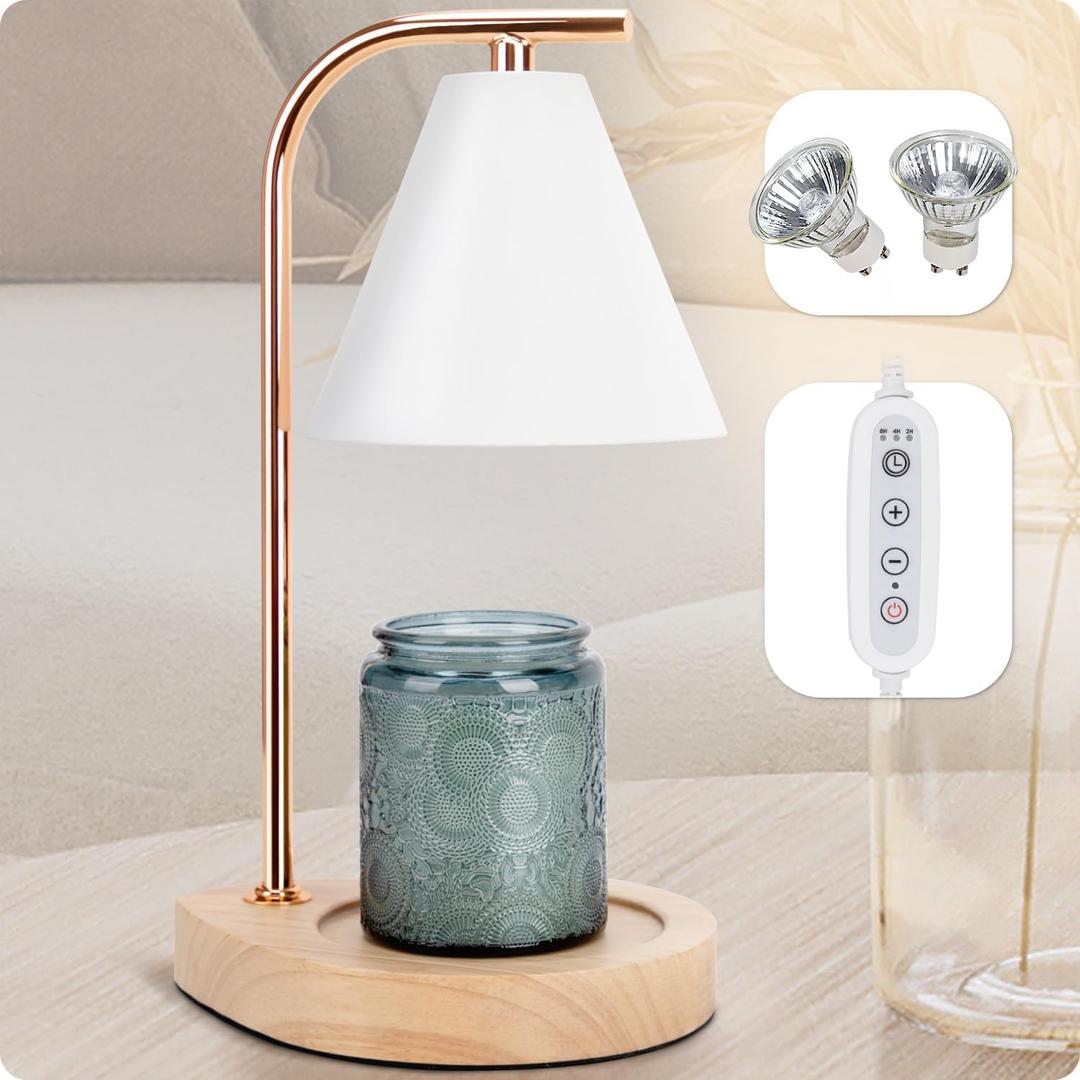 Candle Warmer Lamp with Retro Wooden Base - Home Decor Wax Melt for Small and Large Jar Candles, Candle Heater Lamp with 2 Bulbs, Dimmer and Timer Function-White