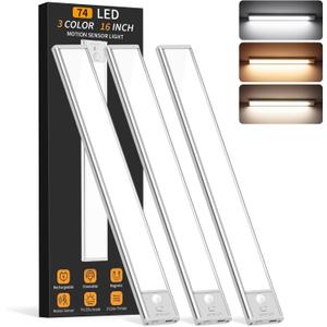 Under Cabinet Lighting Wireless, 74 LED Motion Sensor Light Indoor, 3 Color Dimmable Closet Lights Battery Operated, Rechargeable Magnetic Light, Under Counter Lights for Kitchen, Stairs, Home (3Pack)