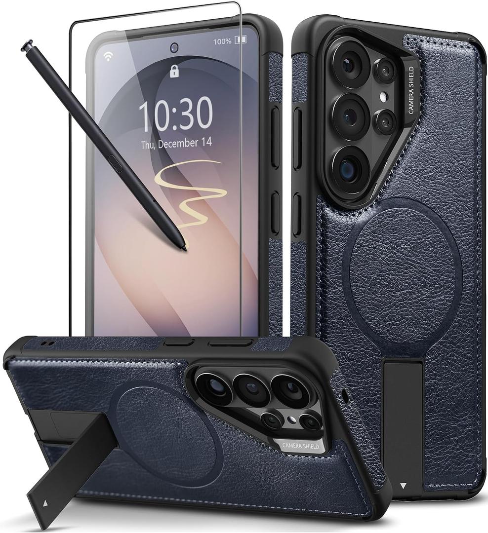 Strong Magnetic for Samsung Galaxy S26 Ultra Case Leather,[Compatible with MagSafe], Adjustable Kickstand, Shockproof Protective Cover for Samsung S26 Ultra (Blue)