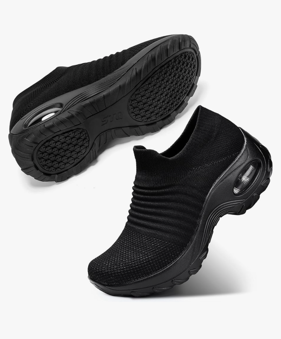 STQ Walking Shoes Women Slip on Sneakers Non Slip Work Arch Support Tennis Plantar Fasciitis Orthopedic Breathable Mesh Comfortable Ladies Nursing Black 6,5