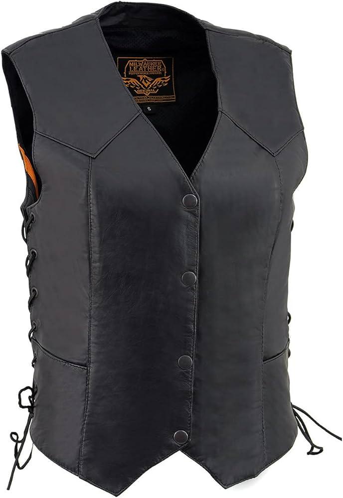 Milwaukee Leather SH1227L Women's Black Leather Side Laces Classic Western Motorcycle Rider Vest W/ 4-Snaps Closure -(Small)