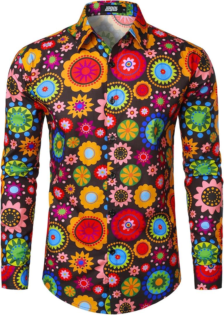 JOGAL Mens 70s Floral Dress Shirt Long Sleeve Printed Casual Button Down Shirts (Medium, Black White)
