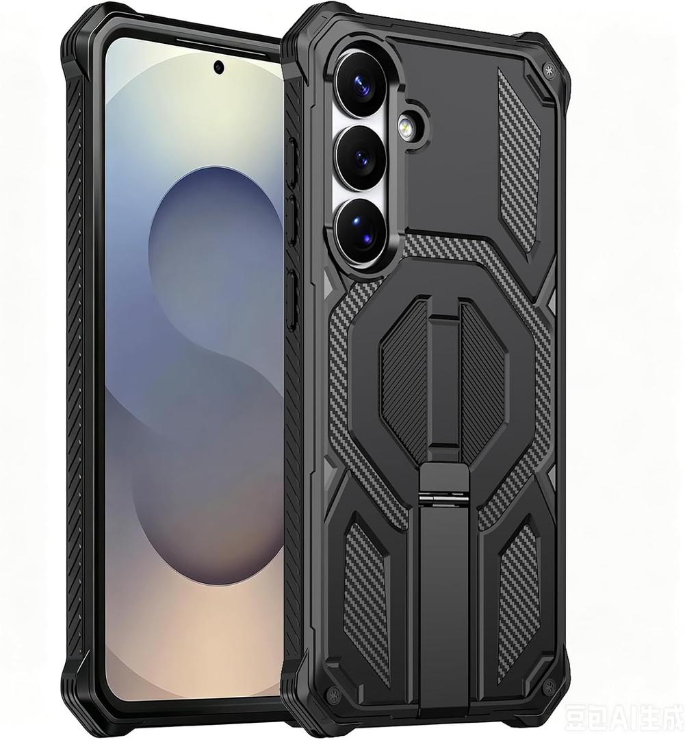 for Galaxy S25 FE Magnetic Case with Screen Protectors, Black | Compatible with MagSafe, Concealed Kickstand, 2 Pack Screen Protectors, Military Grade, Double Layer, Shockproof Protection