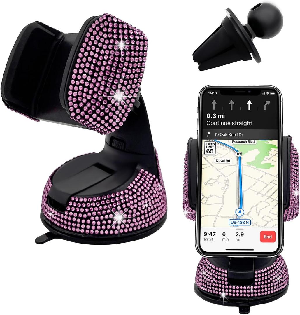 Bling Car Phone Holder, 360 Degree Adjustable Crystal Auto Dashboard Air Vent Cell Phone Mount, Universal Car Phone Holder Mount for Windshield Dashboard and Air Outlet (Pink)