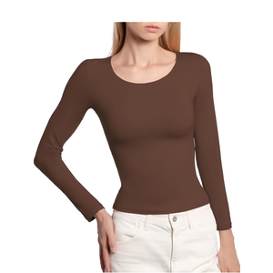BRISIRA Women's Scoop Neck Double Lined Layering Long Sleeve Shirts Slim Fit Fall Fashion Y2K Going Out Basic Tops, M