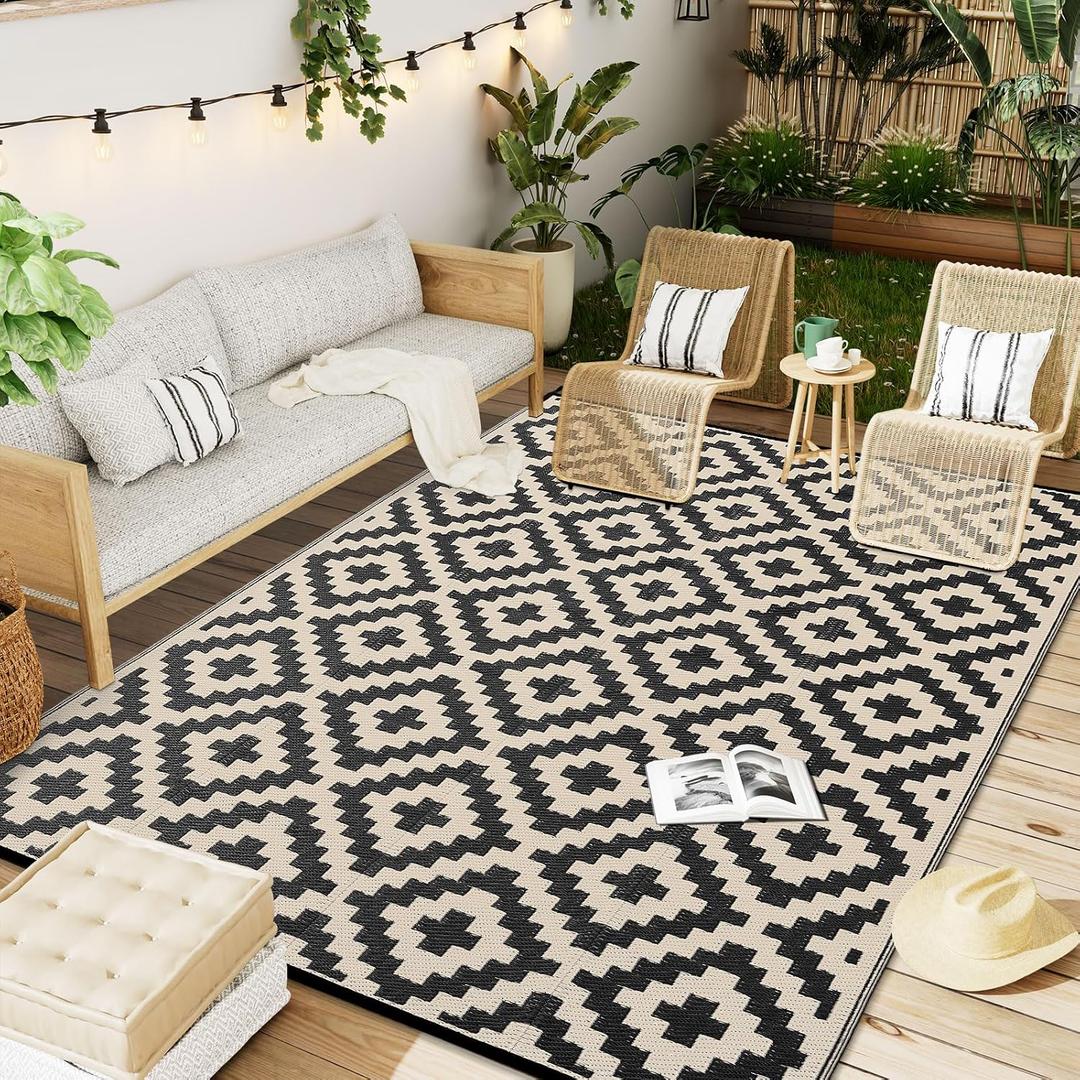 OLANLY Waterproof Outdoor Rug 6x9 ft, Outdoor Plastic Straw Rug for Camping, RV Mat Outside, Outdoor Carpet for Porch, Deck, Backyard, Balcony, Picnic, Black & Beige