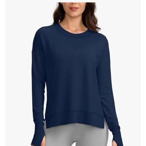 Women Buttery Soft Yoga Tops Crewneck Modal Pullover Shirts Side Slit Thumb Holes Blue L