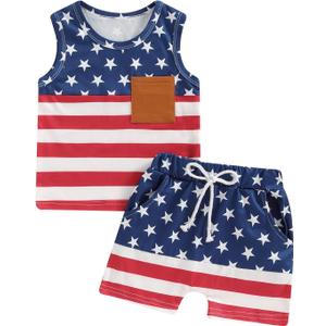 4th of July Toddler Baby Boy Outfit Shirt Tank Tops Shorts Kids Infant Summer Clothes (6-12 Months, A Navy Blue)