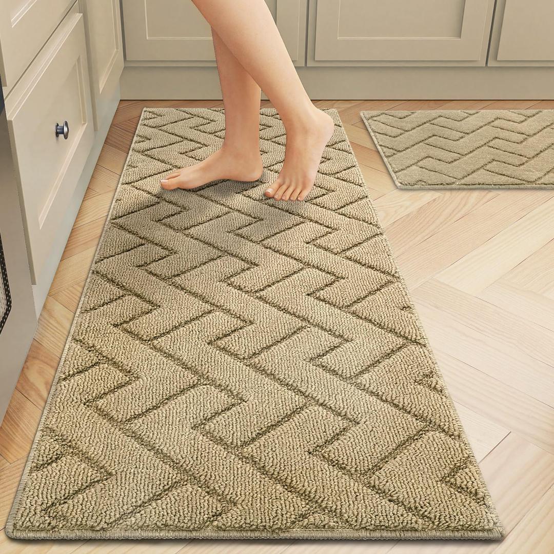 hicorfe Kitchen Runner Rugs and Mats Sets,2 Pieces Absorbent Non-Slip Kitchen Rug,Comfort Kitchen Mat for Floor,Washable for Kitchen,Hallway,Office,Sink,Laundry(20"x48"+20"x32",Brown)