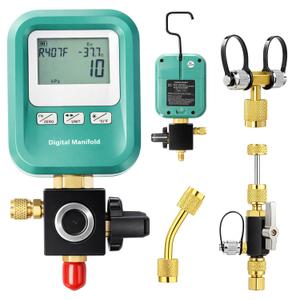 4 Pcs HVAC Digital Manifold Vacuum Gauge Refrigerant Charging, Vacuum Testing and Leak Detection with 1/4"-5/16" Port Valve Core Remover Installer Tool 1/4" SAE Connector and T-Connector