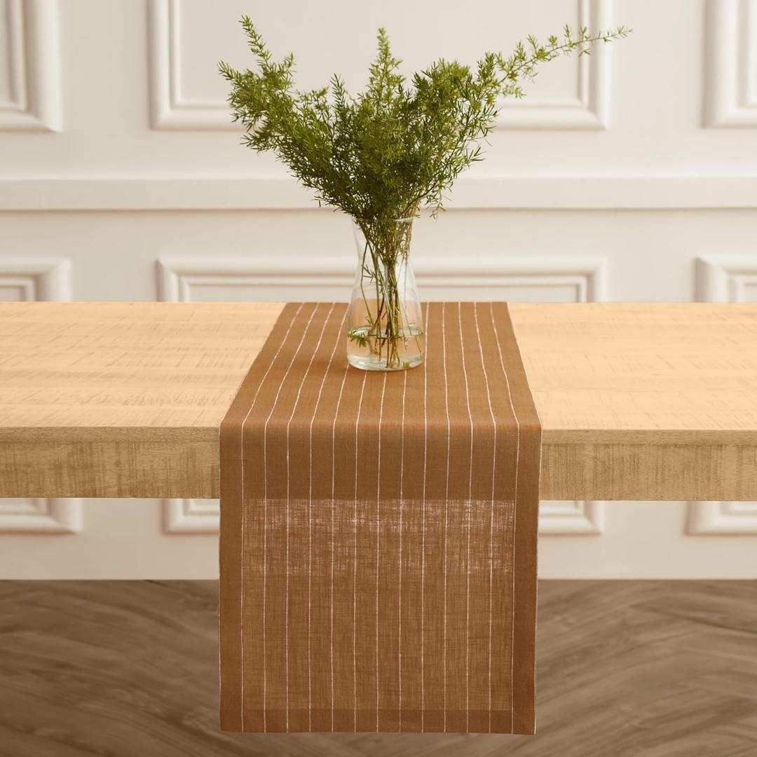 Solino Home Striped Table Runner 90 Inches Long - Pinstripe 100% Pure Linen Camel and White Dining Table Runner 14 x 90 Inch for Father's Day, Summer