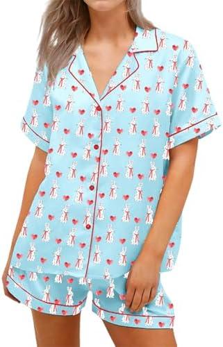 RUEWEY Women Easter Pajamas Set Bow/Rabbit Print Button T-Shirt and Elastic Shorts for Loungewear Soft Sleepwear, XL