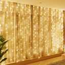 HXWEIYE 300LED Fairy Curtain Lights, 9.8x9.8Ft USB Plug-in 8 Modes Christmas String Hanging Lights with Remote for Bedroom Backdrop Wedding Indoor Wall Decor, Warm White, Standard –3  Packs