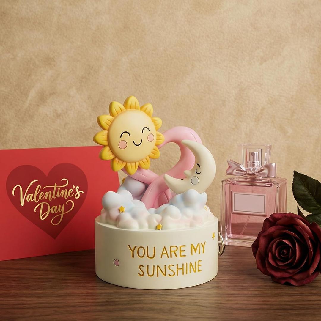 You are My Sunshine Musical Figurine, Wind-Up Music Box, Romantic Love Gift with Smiling Sun & Moon, Hand-Painted Pastel Keepsake for Valentines Day, Home Decor for Girlfriend, Wife, Anniversary