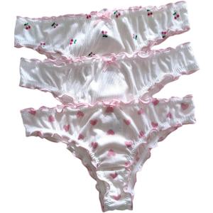 SHENHE Women's 3 Packs Frilly Panties Vintage Style Heart Print Mid Rise Ruffle Cute Panties Underwear (Medium, White Pink)