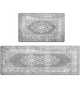 2Pcs Boho Anti-Fatigue Kitchen Mats Non-Slip Cushioned for Kitchen Sink Laundry -Gray