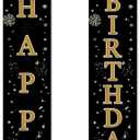 Birthday Door Banner 12x71 Inch Vertical Hanging Decoration Gold Black Happy Birthday Letter Sign Polyester Entryway Welcome Party Backdrop Indoor Outdoor Door Panel Wall Display