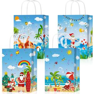 HOWAF 12pcs Hawaiian Christmas Party Decorations Gift Bags, Tropical Christmas Paper Bags with Handle, Mele Kalikimaka Goodie Bags for Summer Xmas Party