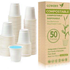 50PCS 3 OZ Bathroom Cups 100% Compostable Biodegradable Eco Friendly Small Disposable Mini Mouthwash Cups for Bath Rinse Shot Disposable for Drinking Washing Tasting