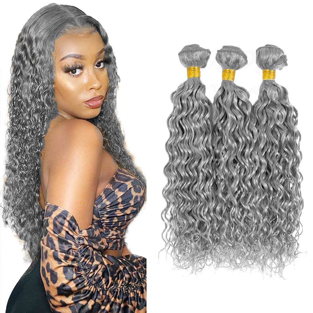 Grey Bundles Human Hair Water Wave Bundles 14 16 18 Inch Gray Water Wave Bundle Human Hair Extensions Double Weft Unprocessed Brazilian Virgin Hair 3 Bundles 50 Grams Per Bundle
