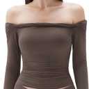 SUUKSESS Women Padded Off The Shoulder Tops Double Lined Going Out Fitted Basic Fall Shirts (Brown, M)