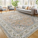 FlyDOIT Vintage Washable Area Rug, 5x8 Beige Floral Medallion Rugs for Living Room, Ultra Soft Accent Bedroom Rug, Indoor Non-Slip Low-Pile Throw Carpet for Entryway Dorm Kitchen Dining Room Decor