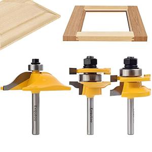 Exqutoo 3PCS 1/4" Shank Router Bit Set, Raised Panel Cabinet Door Making Router Bits, Cemented Carbide Router Bits, Woodworking Tools Router Door & Window Bits (Tenon Joint Cutter Diameter: 1-5/8")