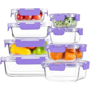 HOMBERKING 8 Pack Glass Food Storage Containers with Lids, Meal Prep Containers, Airtight Bento Boxes with Leak Proof Locking for Microwave, Oven, Freezer and Dishwasher, BPA Free, 5-35oz, purple