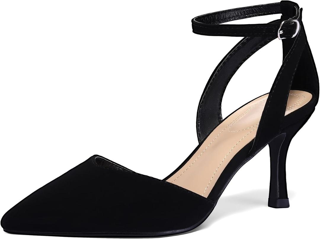 mysoft Women's Pumps Shoes Pointed Toe Kitten Low Heels Stiletto Ankle Strap Closed Toe Wedding Party Dress Sandals (10, Black Nubuck)