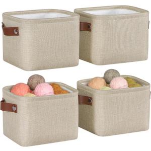 Kntiwiwo Small Fabric Storage Bins, 7.8x6.7x5.9 inch Mini Storage Cubes 4-Pack Storage Basket for Makeup Collapsible Fabric Storage Organizer with Handles, Decorative Basket for Desk, Shelves, Brown