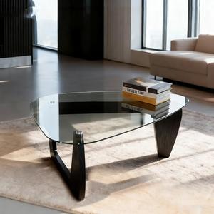 OMTIVORLEX Morden Coffee Table,Glass Coffee Table with Natural Wood Legs,42.5" x 28.5" x 16" Triangle Tempered Glass Top for Living Room, Black