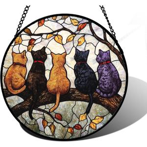 DASTOLL Stained Glass Window Hanging - 5 Cats on a Branch Suncatcher for Window Doors Home Decoration and Christmas, Mother's Day Father's Day Birthday Gifts for Women, Men, and Mom 6.3x6.3 in