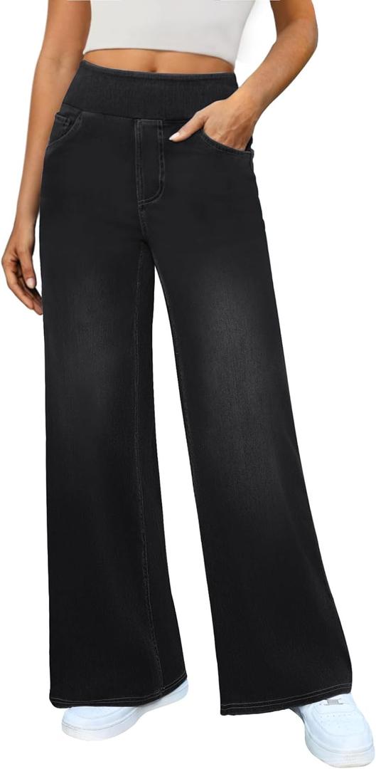 Women's Wide Leg Jeans High Waisted Stretchy Denim Pants Elastic Waist Pull On Sweatpant Jeans Trendy Baggy Loose (Large, Black)