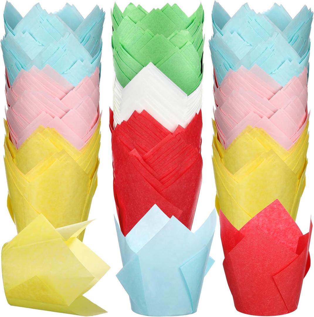 600 Pcs Tulip Cupcake Liners for Baking Muffin Liners Printed Baking Cups Holders Greaseproof Wrappers Decoration for Cupcake Bouquet Birthday Party Wedding Bride Shower(Colorful) (Bright Colors)