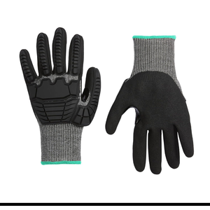 Amazon Basics 10 Pairs Impact Protection Gloves with Touch Screen Friendly 15G Sandy Nitrile Palm, Black, Size Large