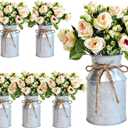 Farmhouse Artificial Rose Flowers with Metal Vase, Set of 6 Fake Rose Arrangements for Table, Faux Bouquets Wedding Centerpiece Decorations, Home Office Flower Decor (Silver Vase & Champaign Roses)