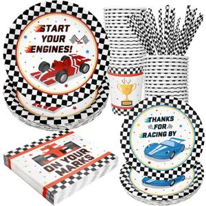 Racing Car Party Supplies Decorations, Checked Race Car Theme Birthday Paper Plates and Napkins Set with Cups and Straws for 24 Guests, 120 Pcs Disposable Party Dessert Dinnerwares