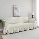 Rustic Linen Sofa Cover with Tie Strings, Full Couch Protector Durable Throw Slipcover Ruffled Edge (Natural, Sofa)
