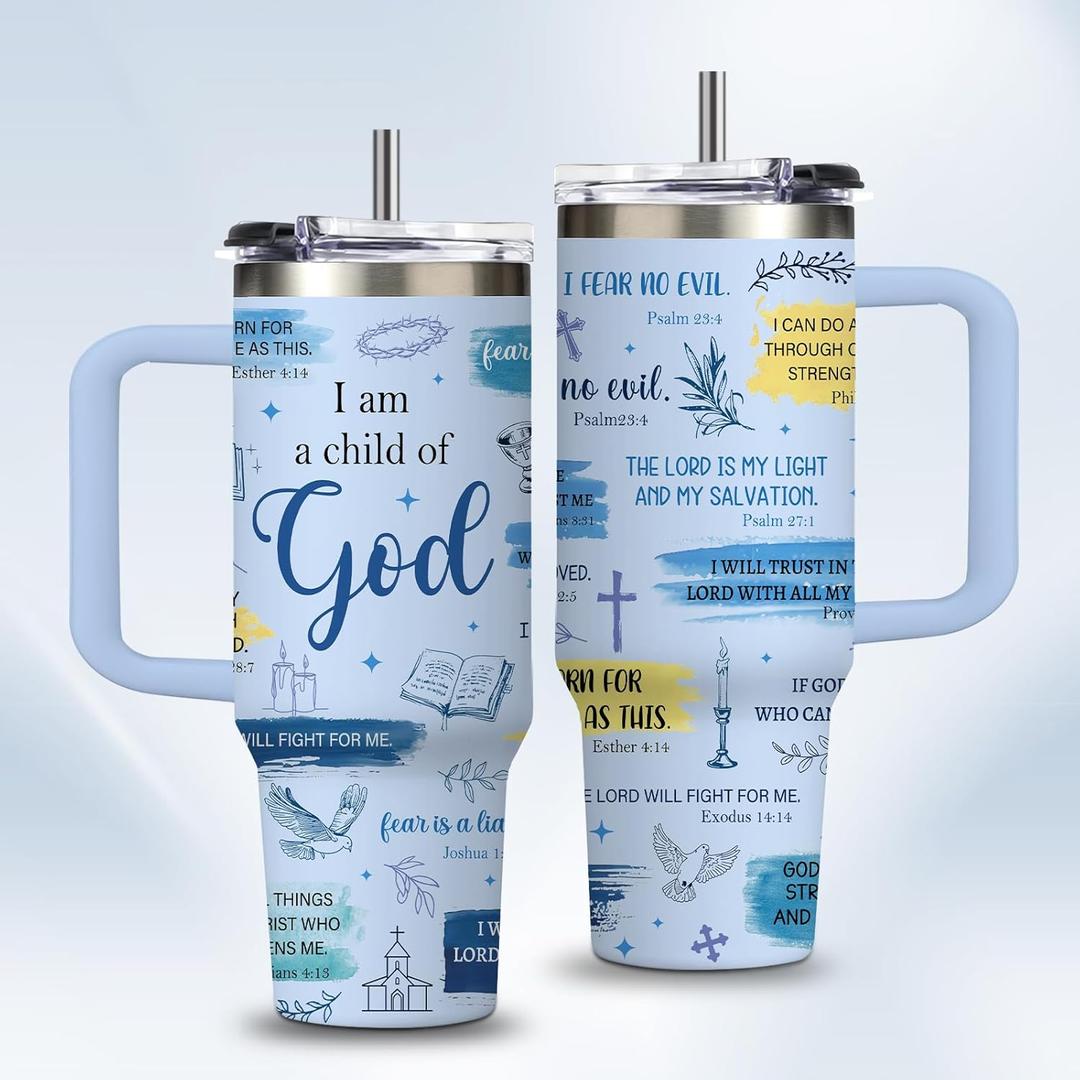 I Am A Child of God Tumbler 40oz with Handle, Light Blue Insulated Christian Travel Mug - Peaceful Baptism Gifts for Women & Girls