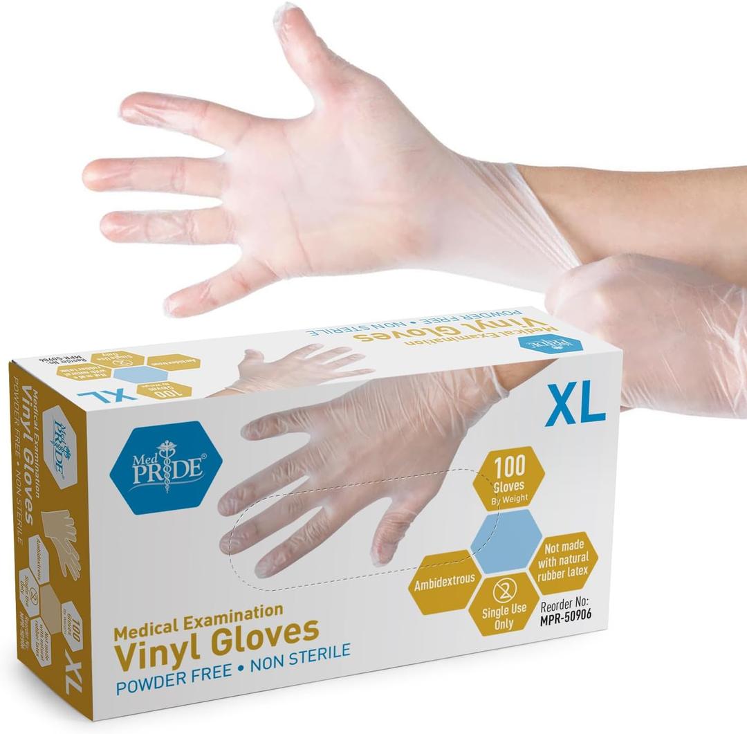 2 x MED PRIDE Medical Vinyl Examination Gloves (X-Large, 100-Count) Latex & Rubber Free, Ultra-Strong, Clear Disposable Powder-Free Gloves for Healthcare & Food Handling Use 2 x MED PRIDE Medical Vinyl Examination Gloves (X-Large, 100-Count) Latex & Rubber Free, Ultra-Strong, Clear Disposable Powder-Free Gloves for Healthcare & Food Handling Use