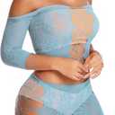 Womens Lingerie Fishnet Bodysuit See Through Lingerie Set for Women Babydoll Fishnet Dress Mesh Chemise Sexy Naughty Outfits for Nightwear Clubwear Stripper, Sheer Fish Net Two Piece Blue ( One Size )
