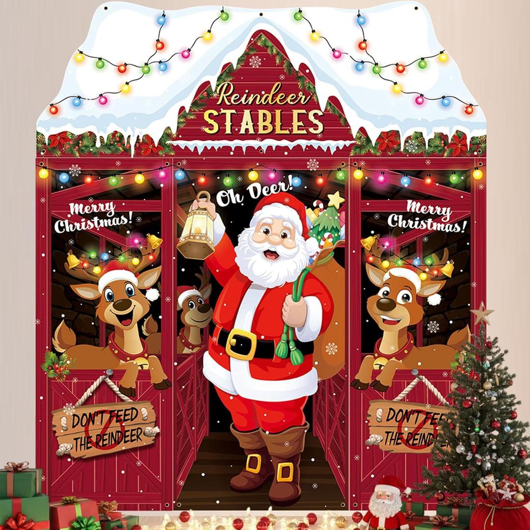 Tiamon 4 Pcs Christmas Reindeer Stable Door Cover Santa Claus Christmas Banner Elk Reindeer Hanging Porch Sign Backdrop for Holiday Front Door Classroom Xmas Party Decorations Photo Booth Props