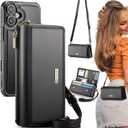 CaseMe 2-in-1 Detachable for iPhone 16 Crossbody Wallet Case with RFID Blocking 10-Card Holder for Woman, PU Leather Wrist Strap Zipper Handbag Purse Wallet Phone Case for iPhone 16 6.1", Black