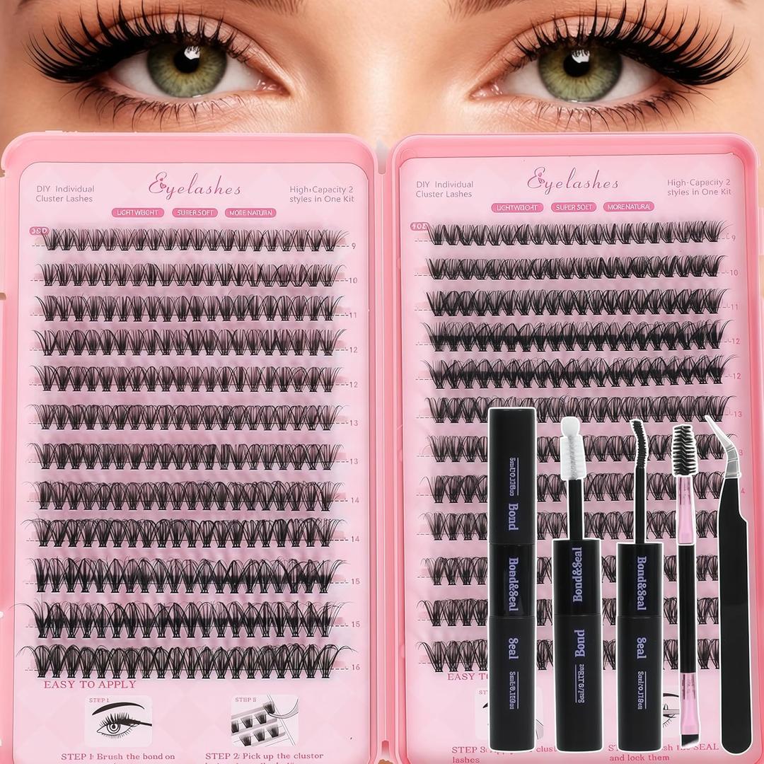 Lash Clusters Kit, Eyelash Clusters Individual Lash Extension Kit Pcs D Curl Fluffy Wispy False Eyelashes Extensions Thin Band with Bond Seal Tweezers Brush Removers (30D+40D KIT 9-16mm)