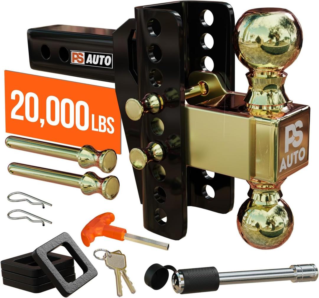 Adjustable Gooseneck Drawbar Trailer Hitch - 20,000 LBS, Fits 2 and 2-5/16 Inch Balls, US Gov Tested & Certified, Gooseneck Trailer Hitch Adapter for RV Towing, Motorcycles & Powersports (Gold)