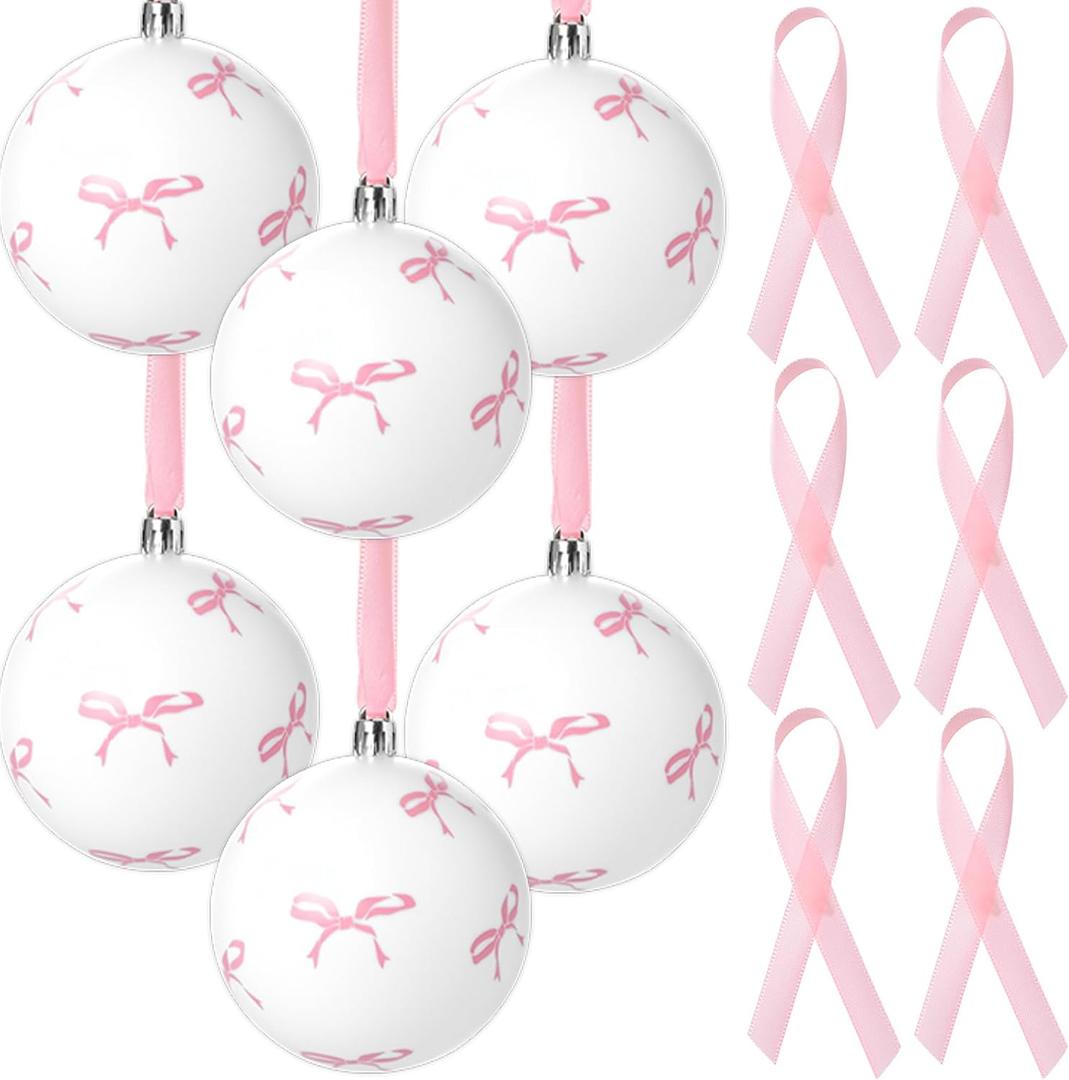 12 Pcs Pink Bow Coquette Christmas Tree Ornaments Balls 2.4 Inch Pink White Christmas Tree Hanging Ornaments Plastic Ball with Ribbon for Xmas Tree Winter Bachelorette Party Holiday Home Decorations