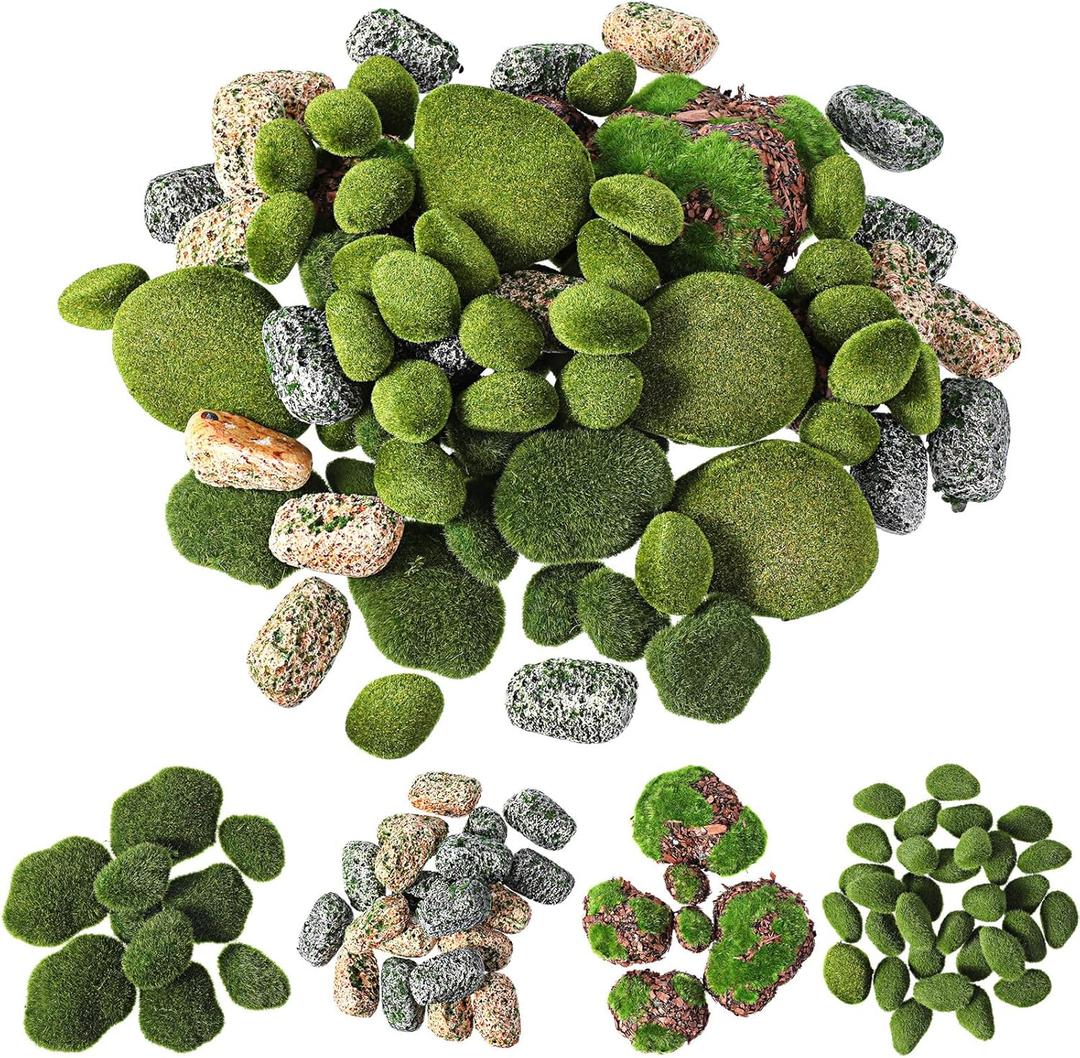 Tigeen 100 Pcs Green Moss Balls Faux Artificial Moss Rocks Decorative Covered Moss Stones Fake Green Moss Decor for Fairy Garden Potted Plants Landscaping Table Centerpiece Floral Decor (Rock Style)