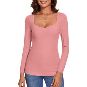 Thermal Shirts for Women Fleece Lined Top Thermal Sweetheart Neckline Top Undershirt Underwear Winter Cold Weather (Medium, Long Sleeve-pink)